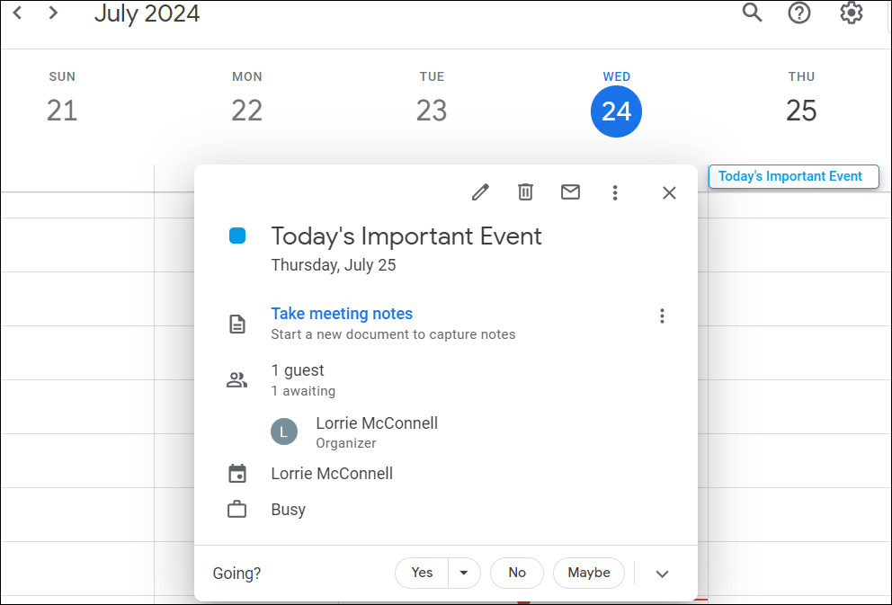 Event Created on Calendar Example