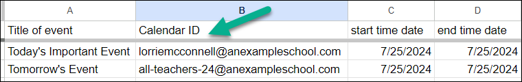Multiple Event Sheet Setup Calendar ID