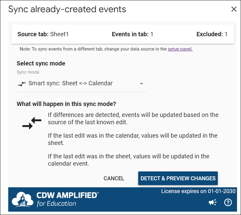 Created events select sync mode
