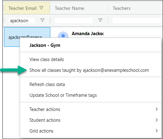 Show all classes taught by teacher email location