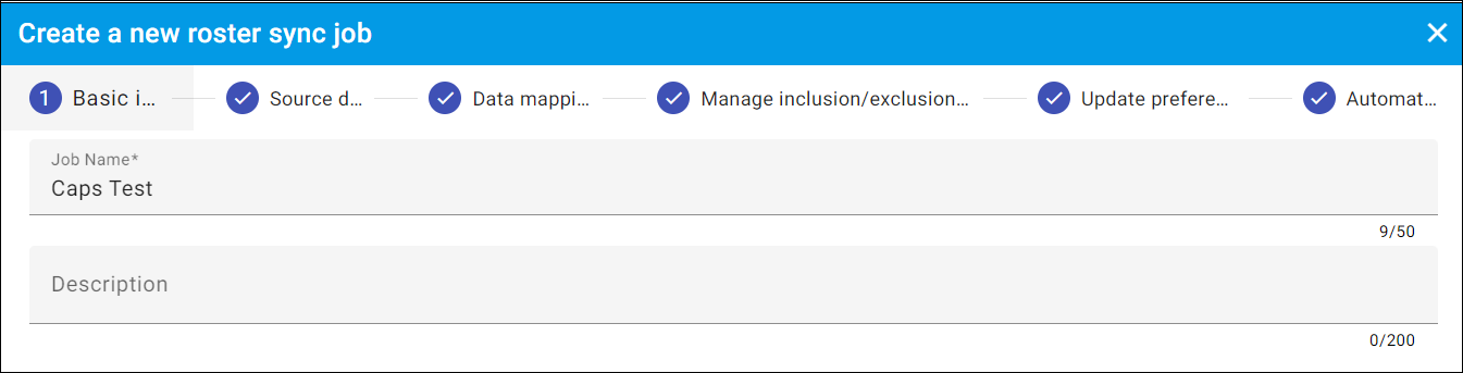 Step 1 in the create new roster sync job stepper