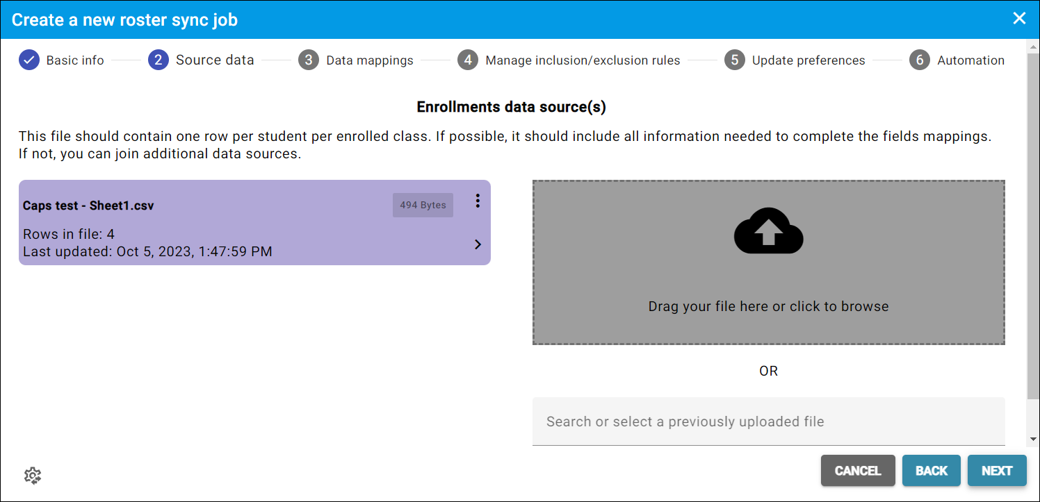 Step 2, select source data for the sync job