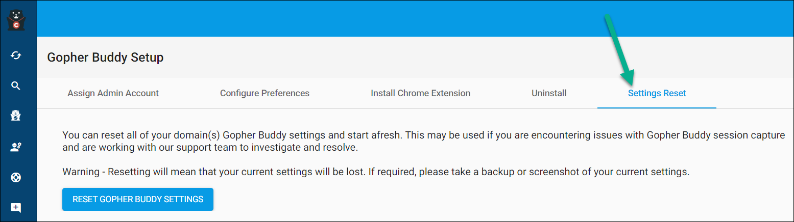 settings Reset tab of setup