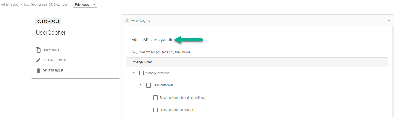 Admin API privileges Section view