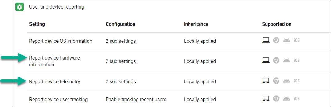 Telemetry Battery Health Settings in the admin console