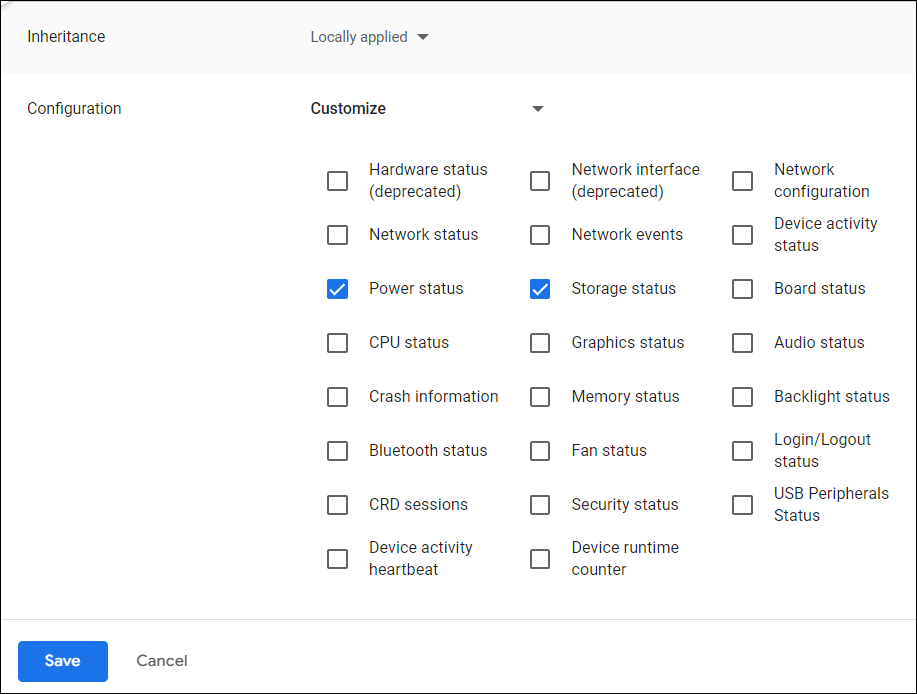 Customize telemetry, check Power status and Storage status checkboxes