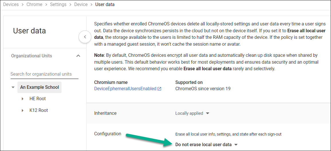 Do not erase all local user data admin console setting location