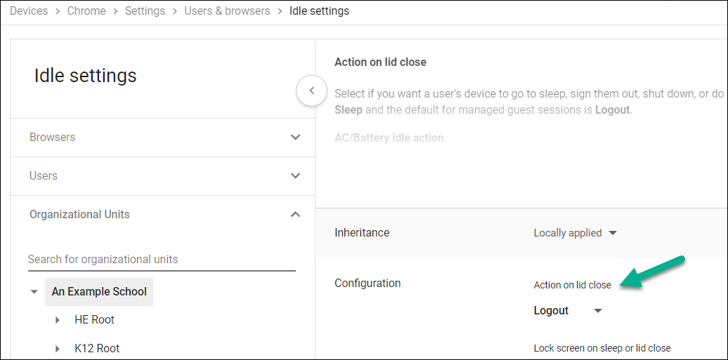 Action On Lid Close Admin console setting