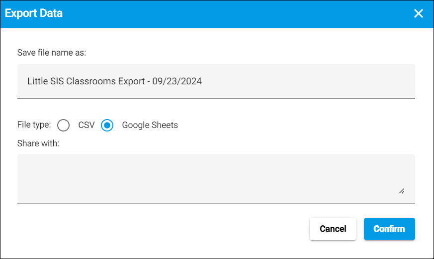 Export Data Classroom Explorer popup