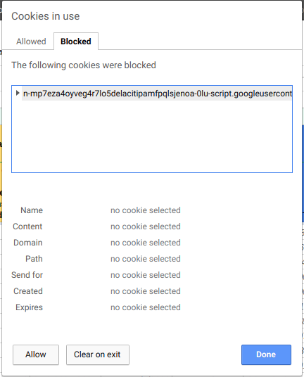 Blocked tab showing cookies