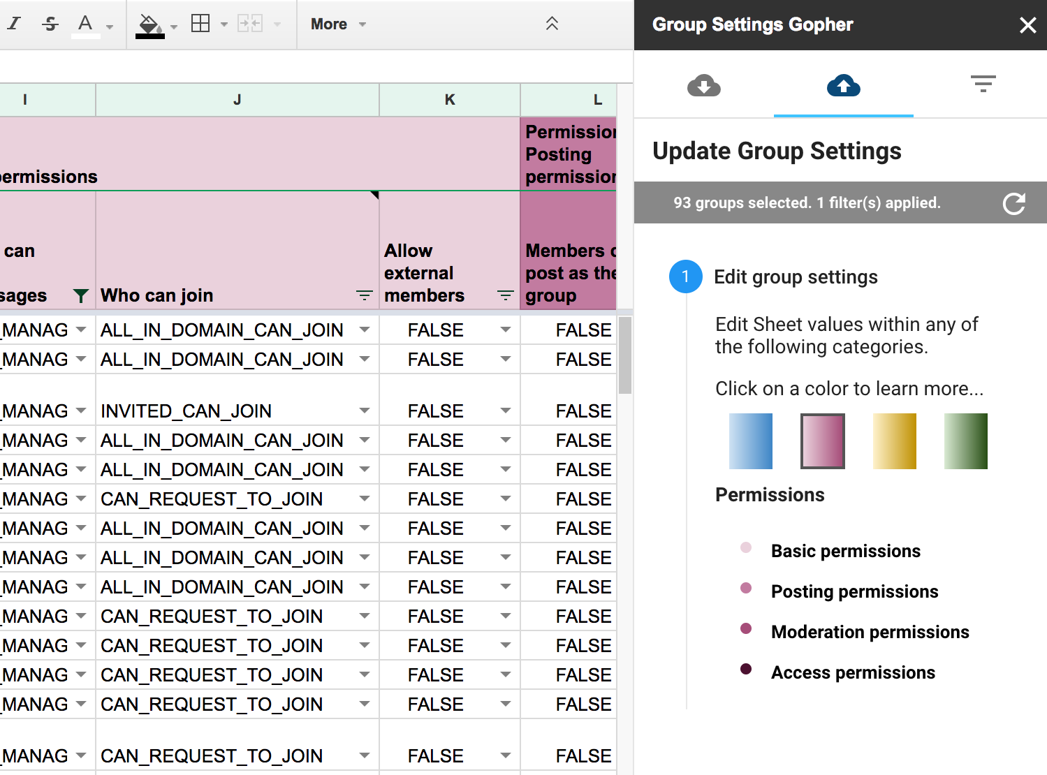 Update Group Settings showing in the side panel
