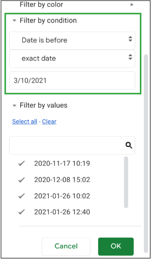 Side bar showing filters by dates