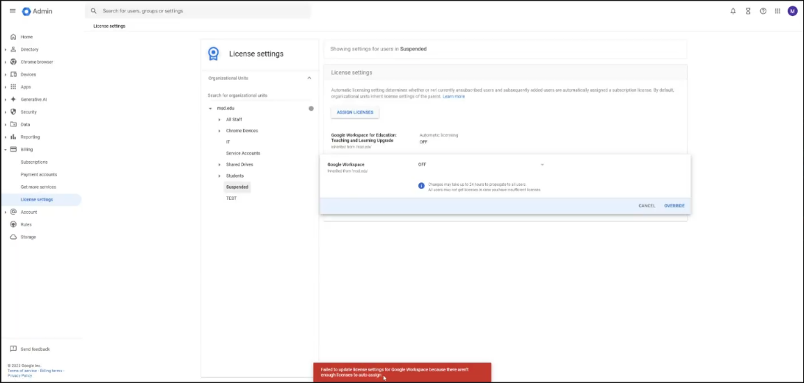 Failure to Update Licensing for Google Workspace message