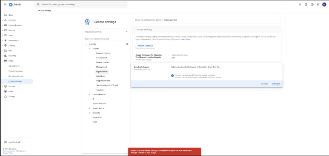 Failure to Update Licensing for Google Workspace message