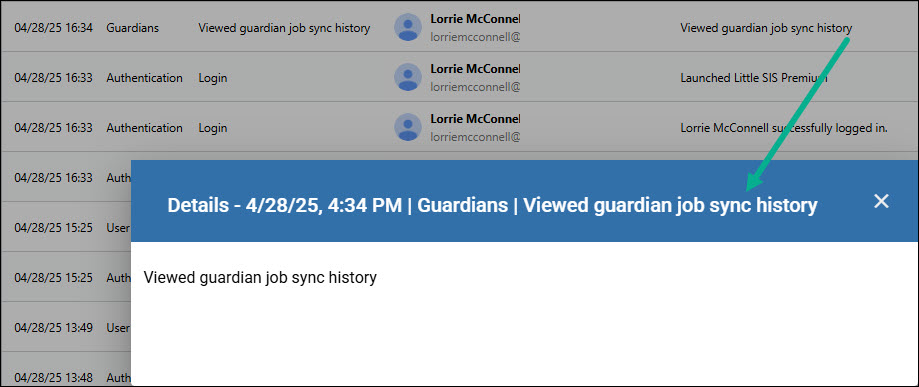 Details popup showing audit log text changes