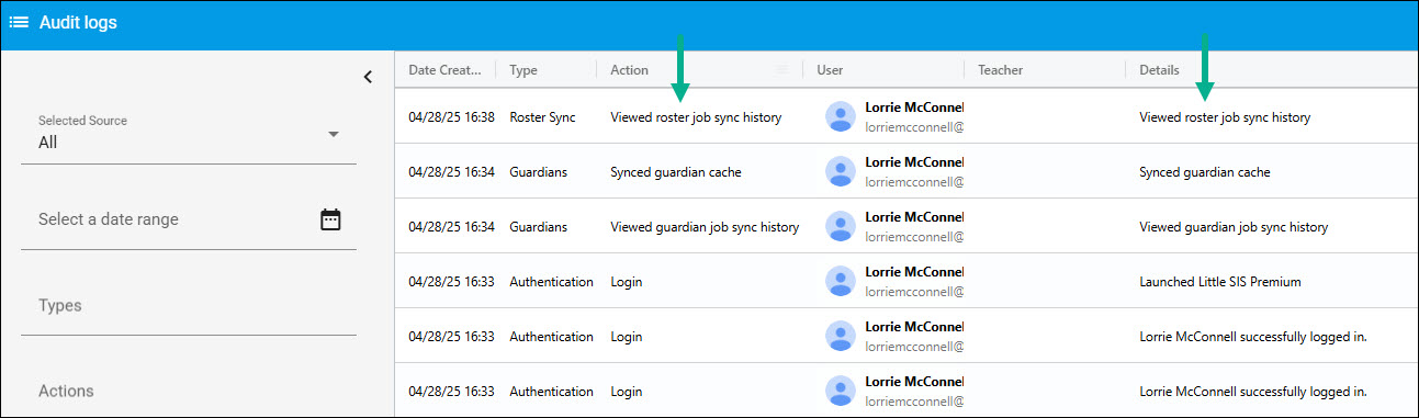 Action column showing audit log text changes