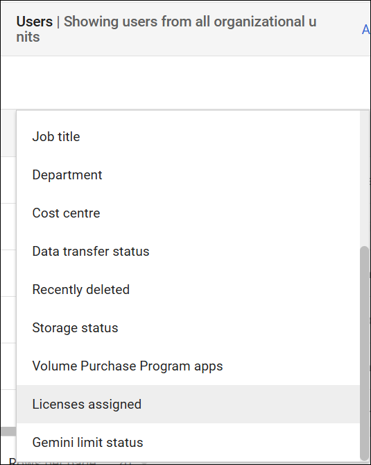 View of filter criteria drop down
