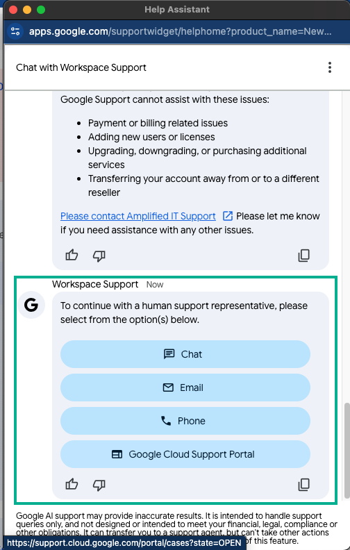 Help Assistant showing the Workspace Support options