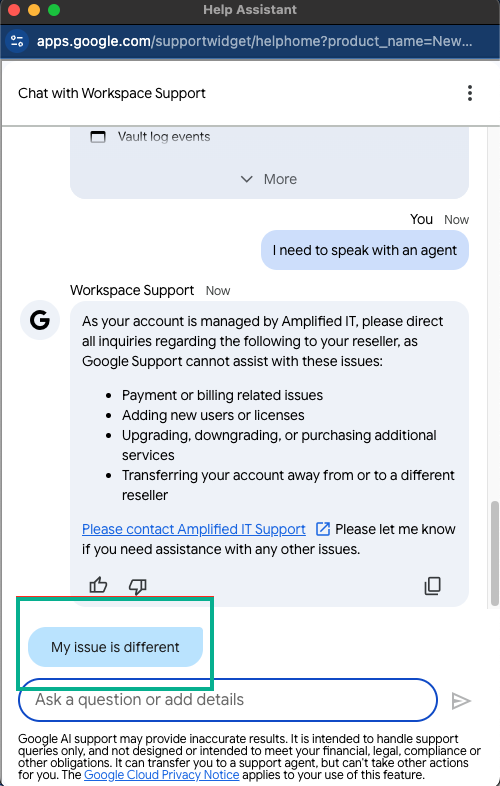 Help Assistant showing the My issue is different button