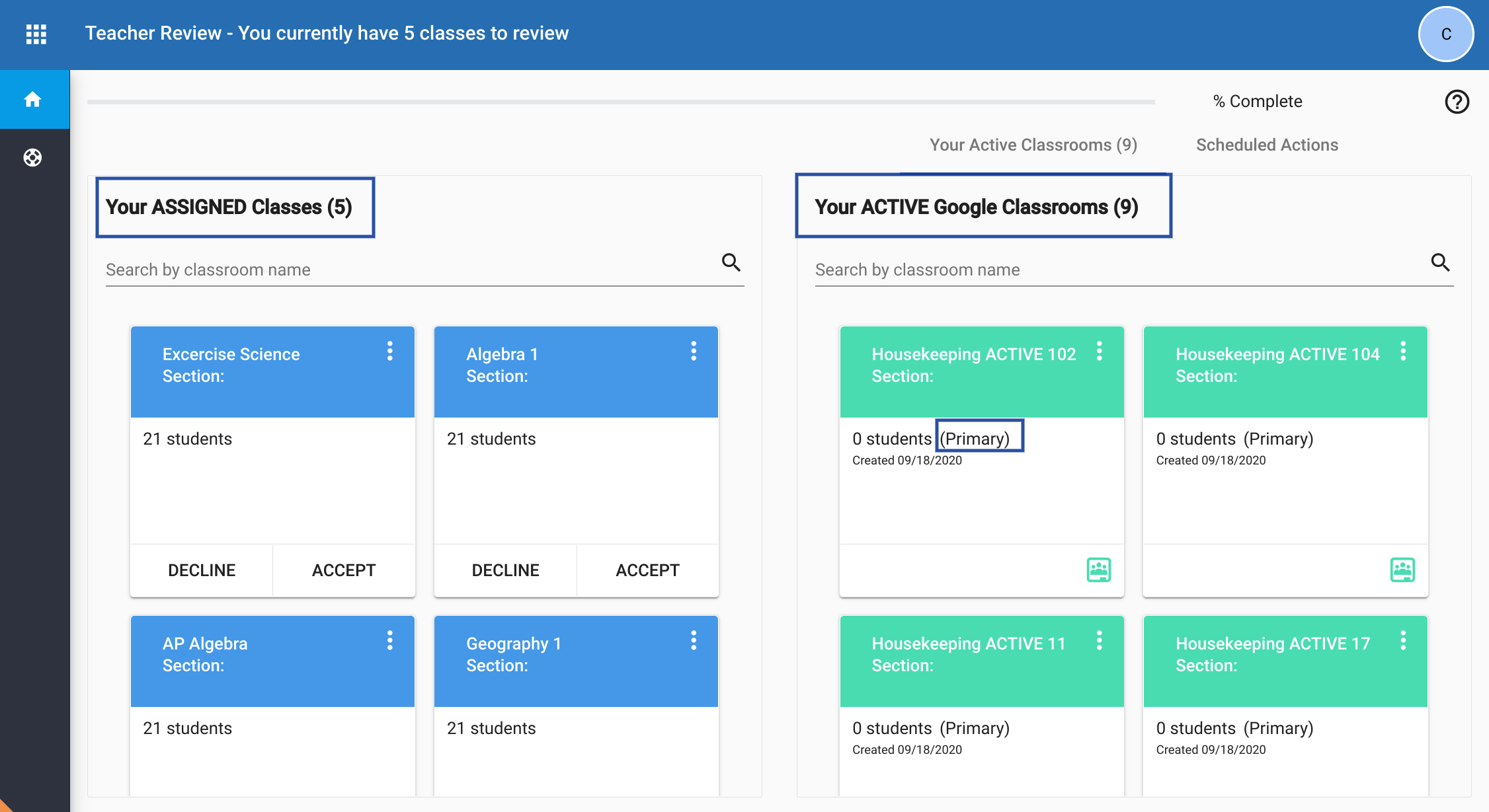 Assigned classes list for teachers in teacher review