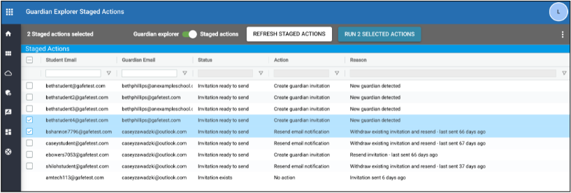 Select guardians and run selected actions button