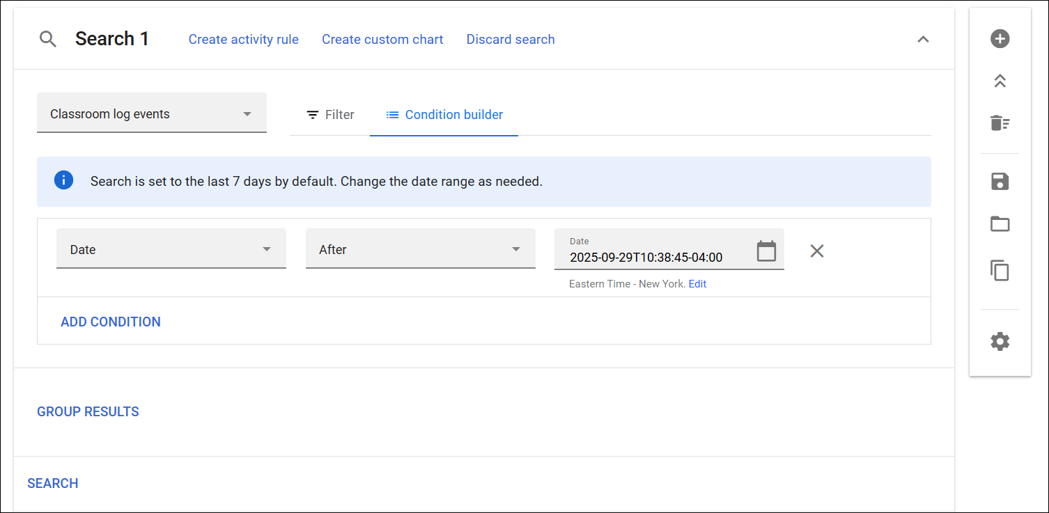 Google Admin Console Audit and Investigation tool showing the Classroom log events selected