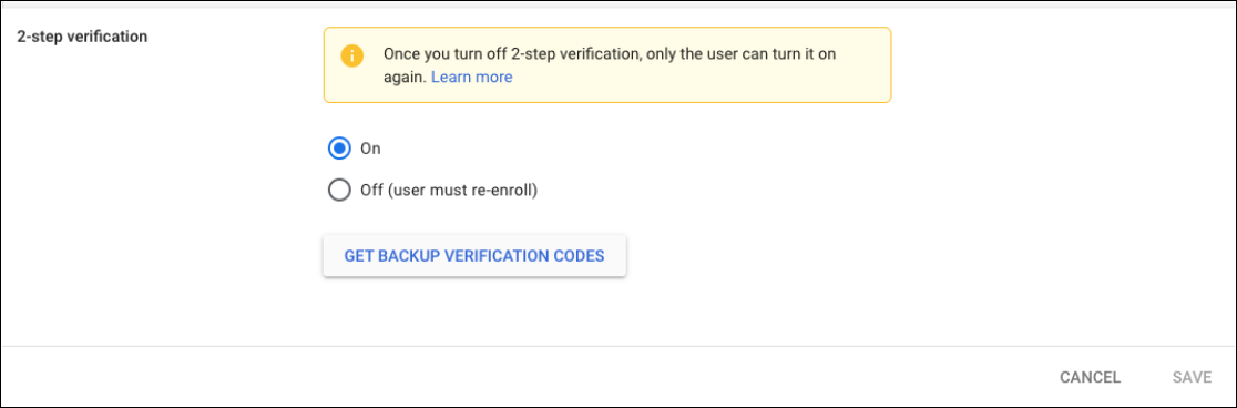  An image showing the 2-step verification settings with options to turn it On or Off (user must re-enroll), and a button to GET BACKUP VERIFICATION CODES.