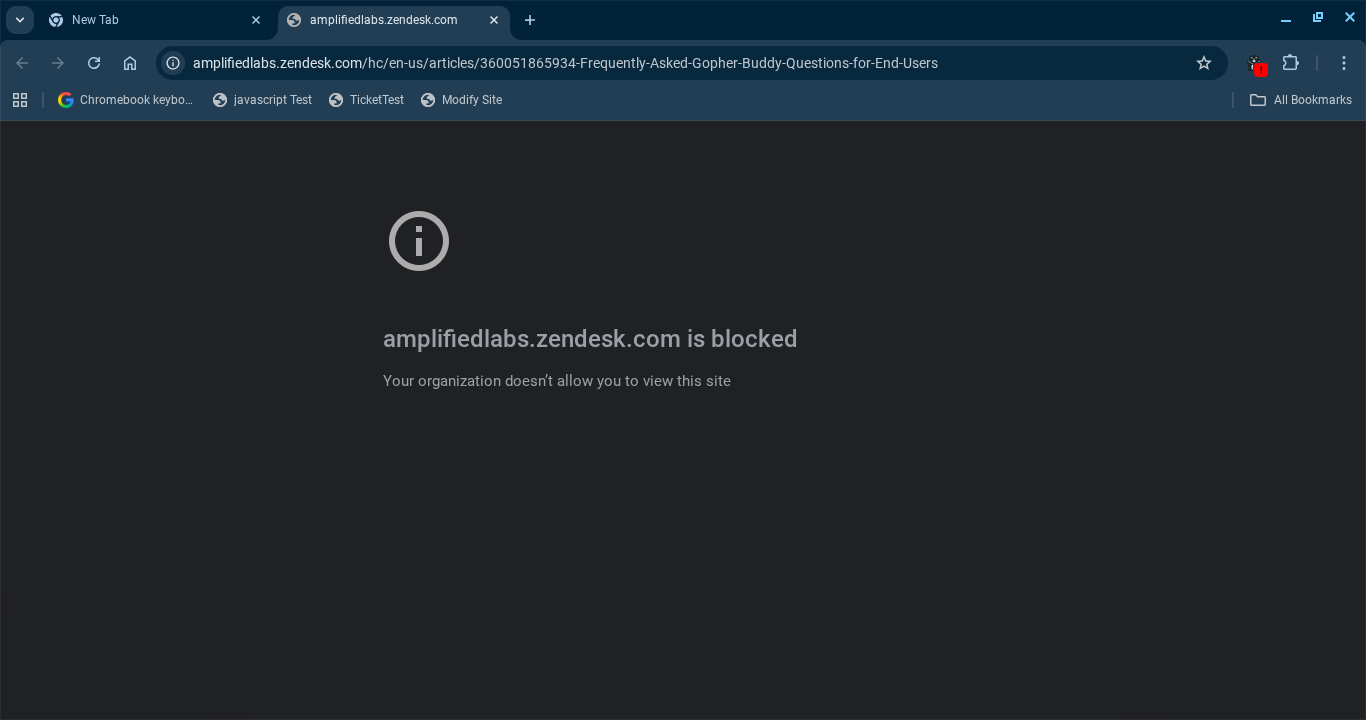 A Chrome browser window displaying a blocked site error message for amplifiedlabs.zendesk.com, stating, "Your organization doesn't allow you to view this site.
