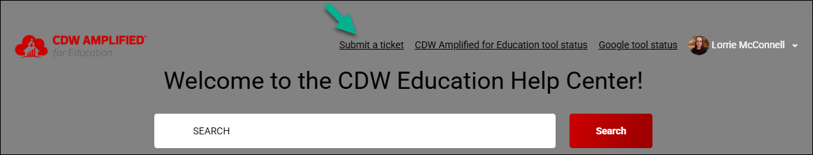 Help Center header with a teal arrow pointing to the Submit a ticket link in the top navigation bar.