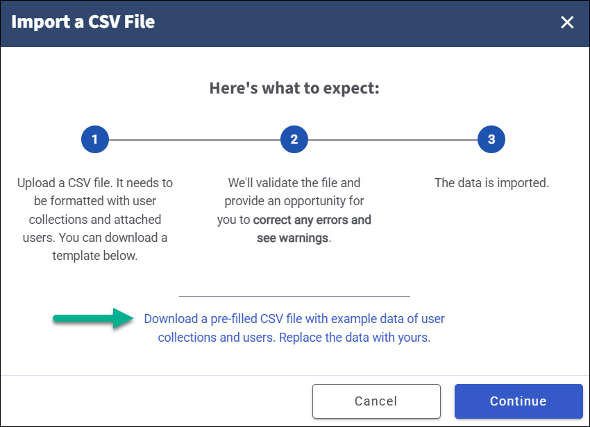 Import a CSV File modal showing a 3-step process: Upload, Validate, and Import. It includes a template download link and buttons for Cancel and Continue.
