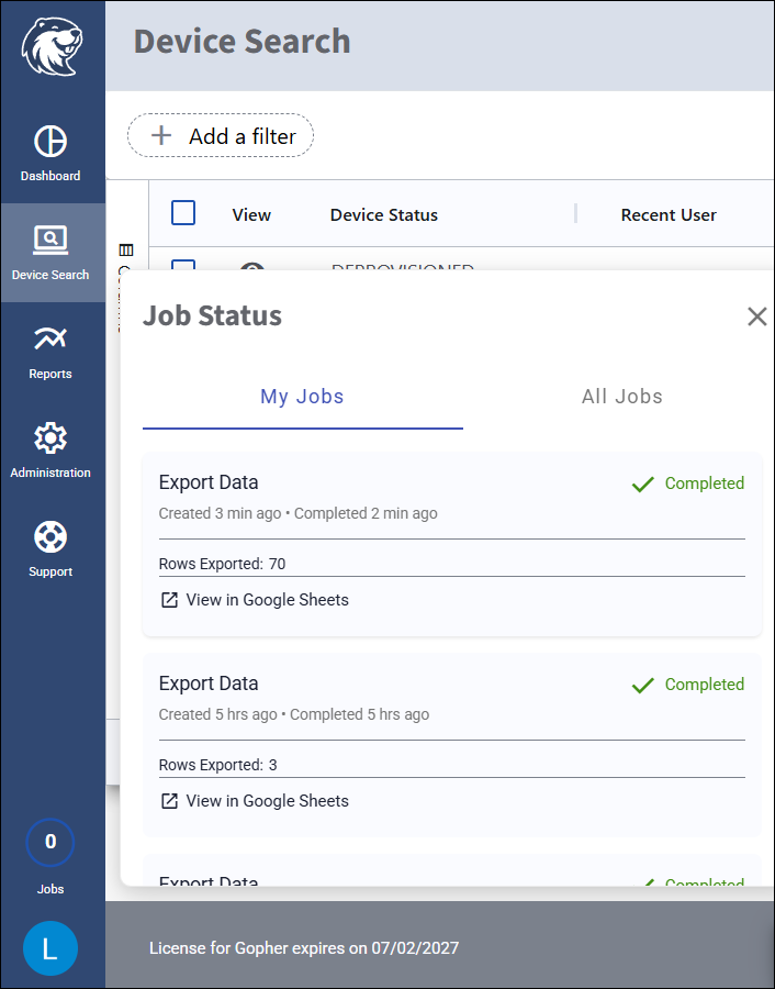 Jobs status showing completed jobs with view in Google sheets link