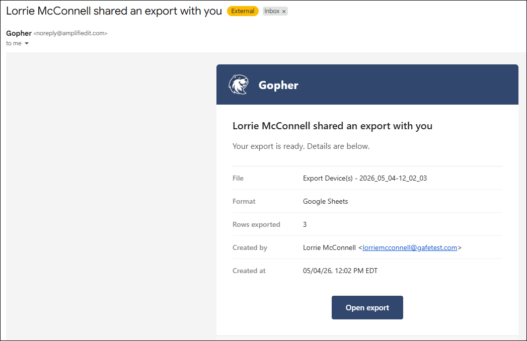 Email with link to open the export report