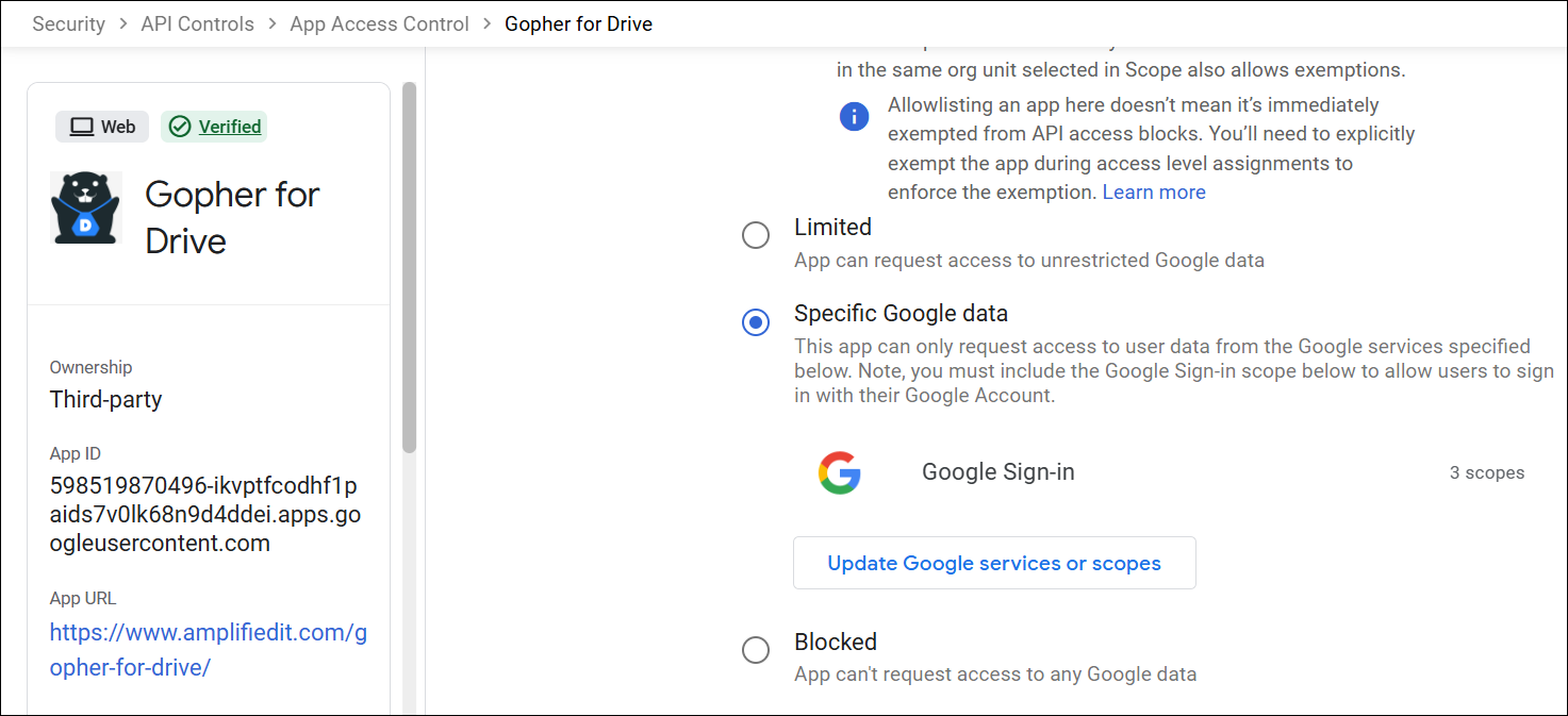 Google Admin console showing the Specific Google data access setting selected for Gopher for Drive