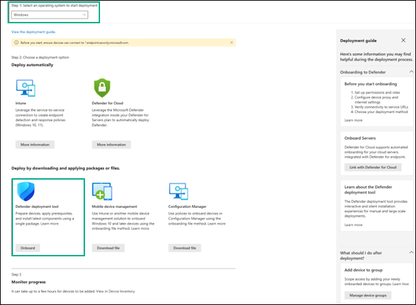 Defender portal onboarding page showing Windows and Defender deployment tool selection.