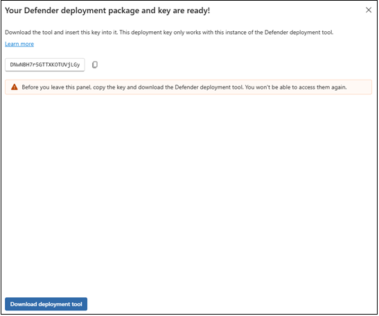 Defender deployment package and key download panel.
