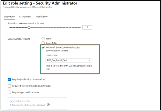 PIM role setting using Microsoft Entra Conditional Access authentication context.