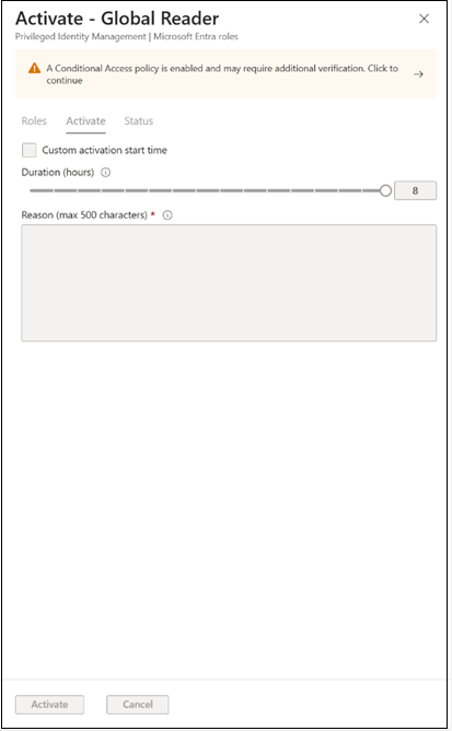 User-facing PIM activation banner indicating Conditional Access verification may be required.